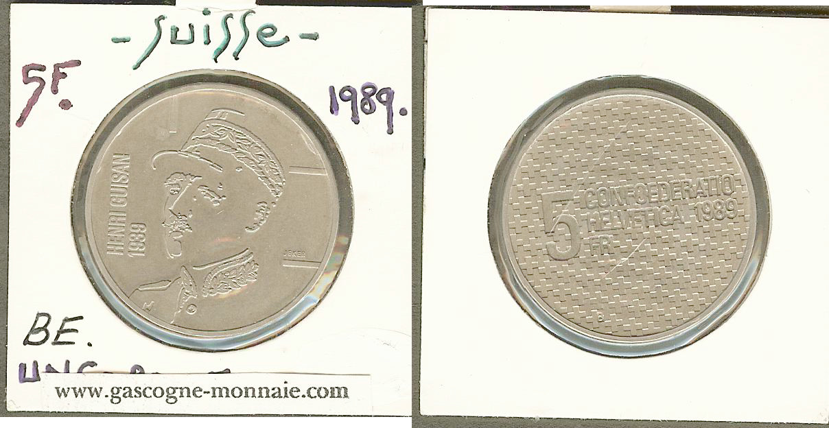 SUISSE 5 francs  General Guisan 1989 B  SPL+